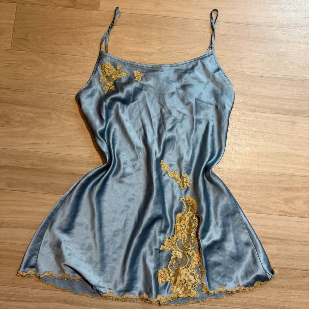 Vintage Victoria’s Secret 2003 Blue Satin Silky Nightgown Gold Lace Size M Y2K